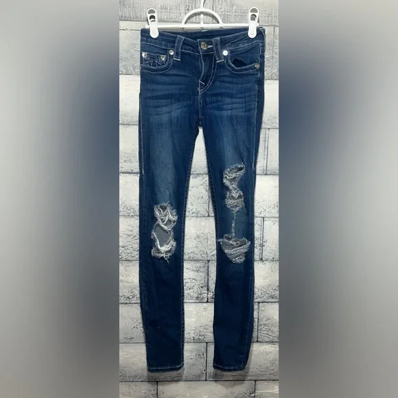 True Religion Distressed Mid-Rise Skinny Jeans 24 Dark Wash - Picture 2 of 9